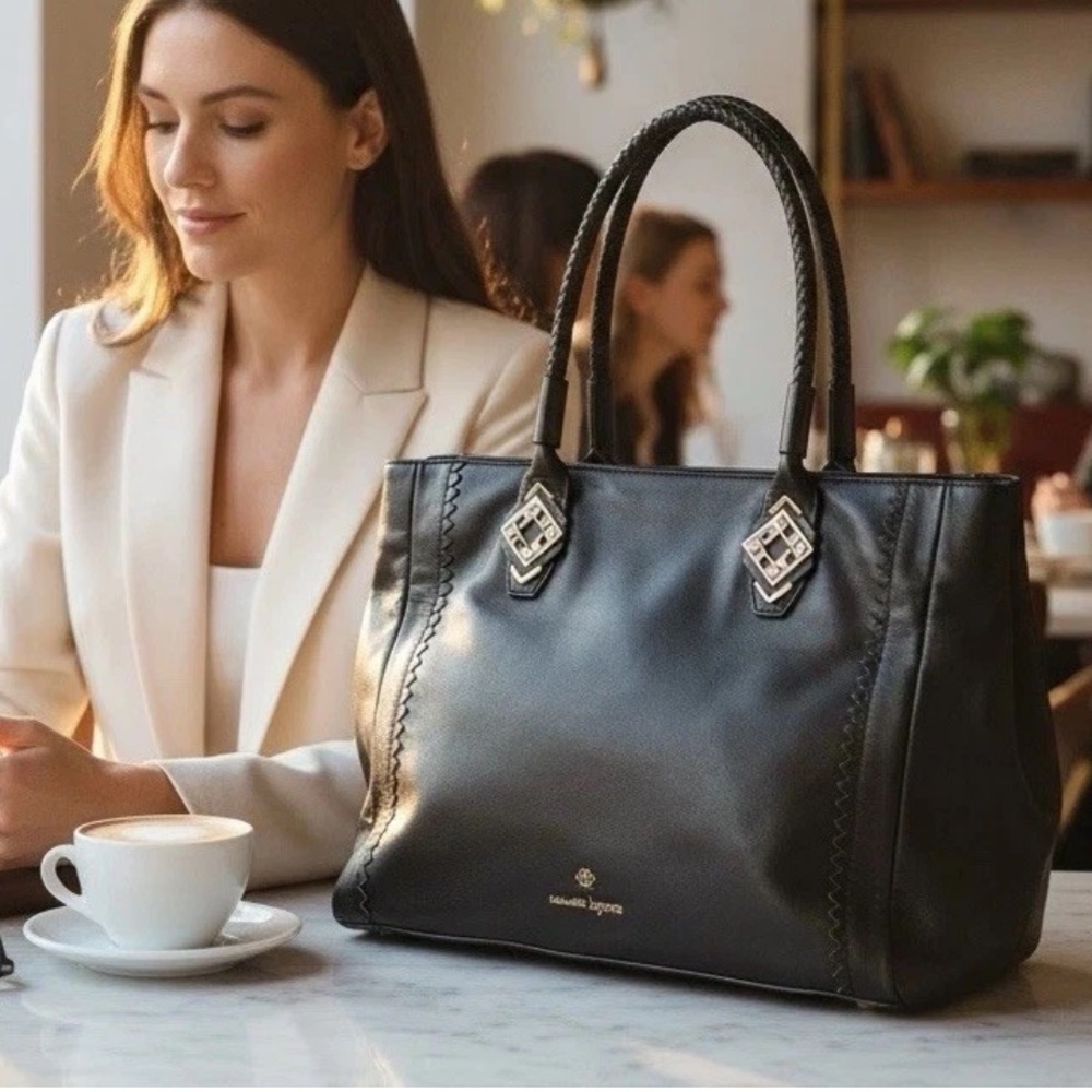 Nanette Lepore Leather Braided Handle Enamel Accent Tote Purse Satchel Bag Black